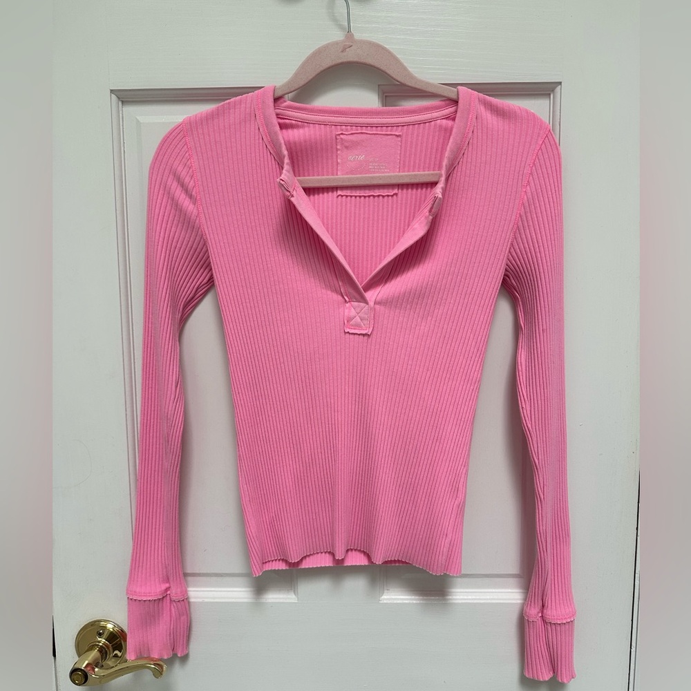Aerie Pink Fitted Ribbed Polo Long Sleeve Tee